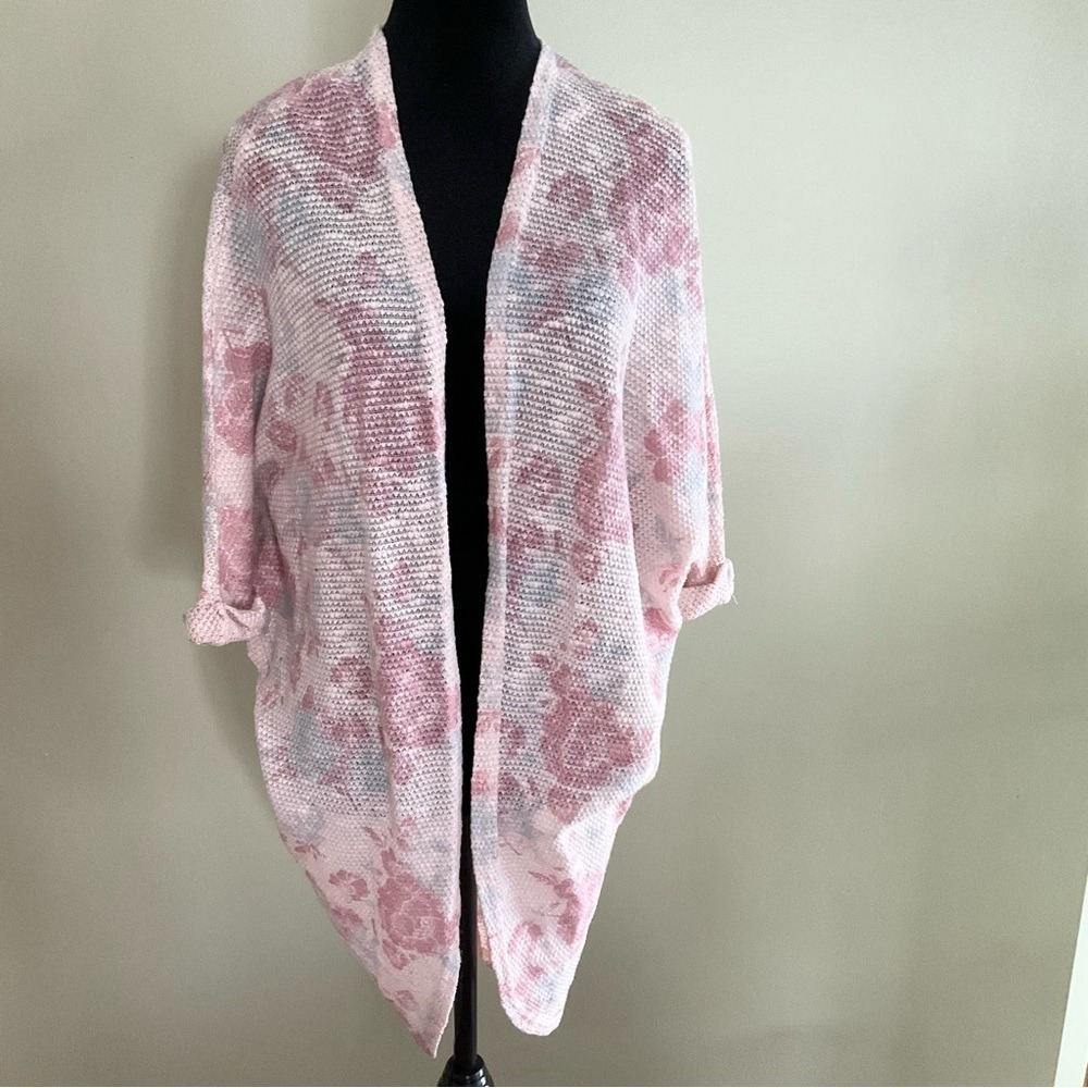 Mudd Floral Knit Open Front Cardigan XS Pink Blue Dolman 3/4 Sleeve